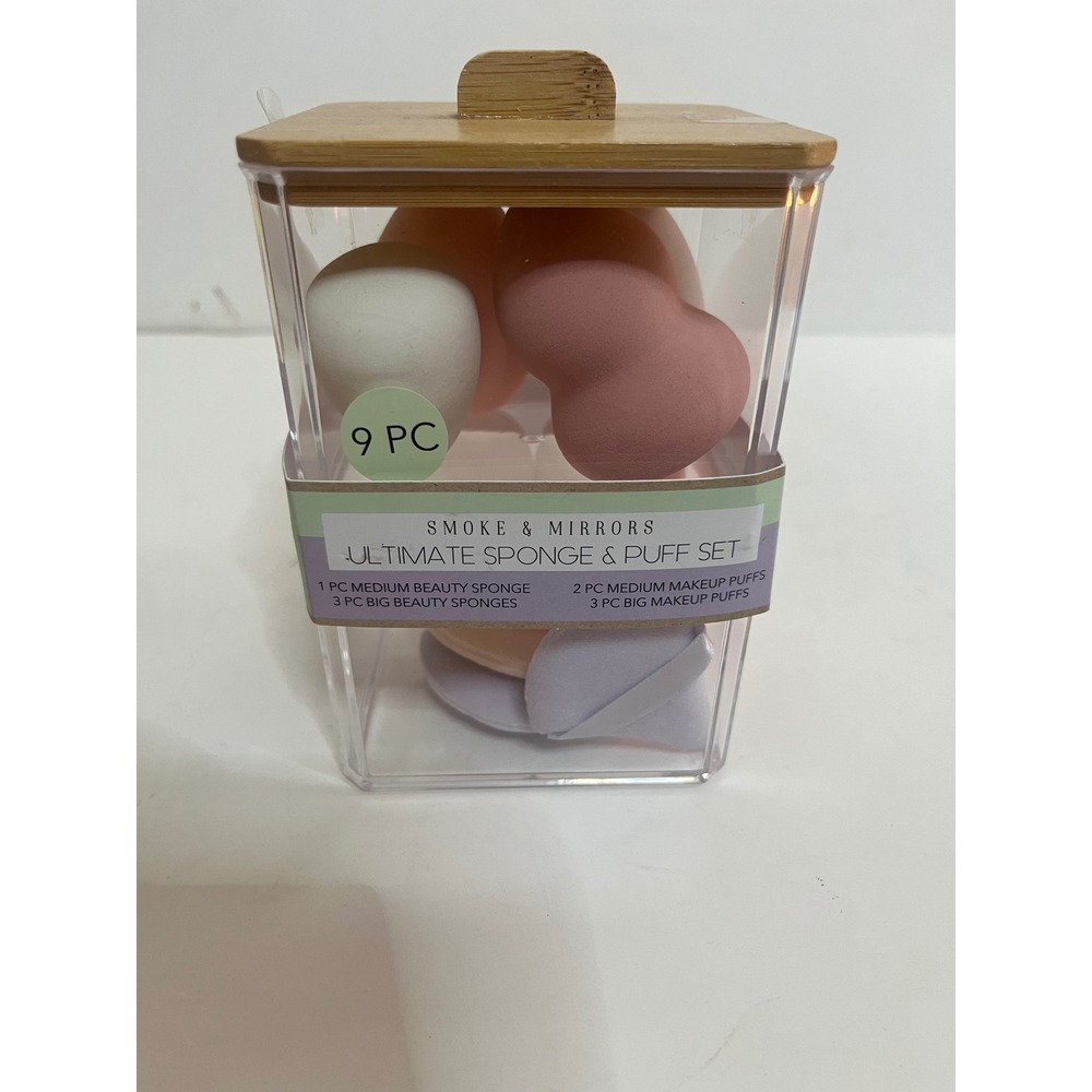 Smoke & Mirrors Ultimate 9pc Makeup Sponge and Puff Set with Bamboo Lid Jar
